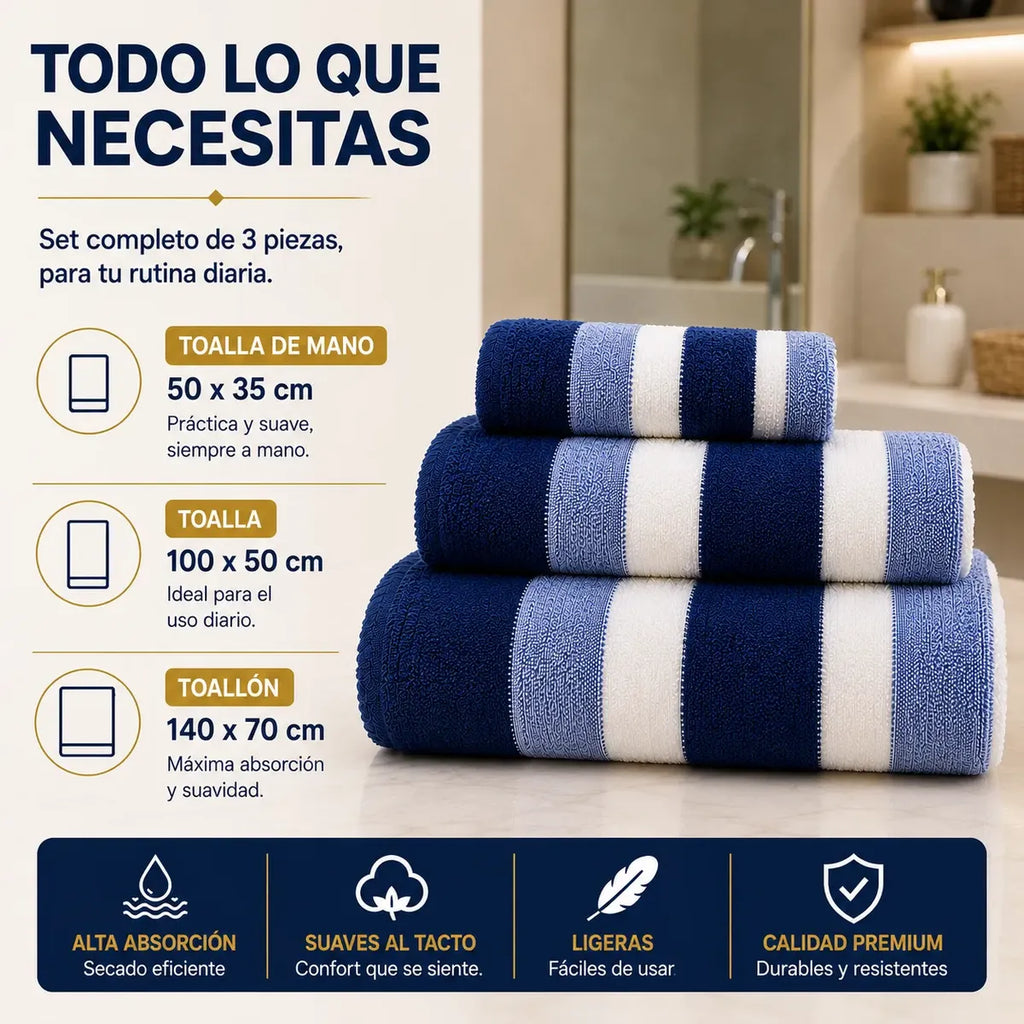 Juego Toallas 3 Piezas 100% Natural Premium Alta Absorción